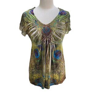One World Babydoll Y2K Peacock Lace Tunic Shirt Sz M Green Gems Fairy Maximalist